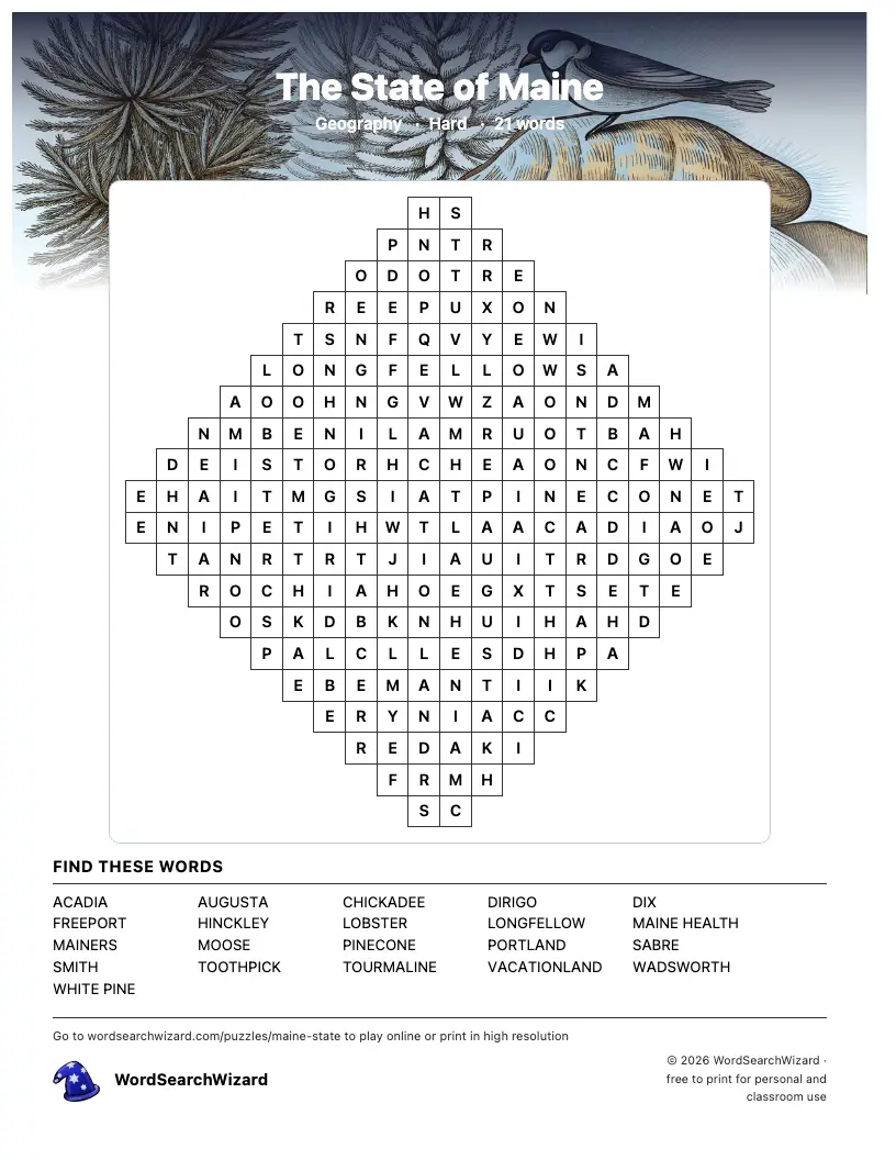 The State of Maine word search printable sheet, 21 words to find
