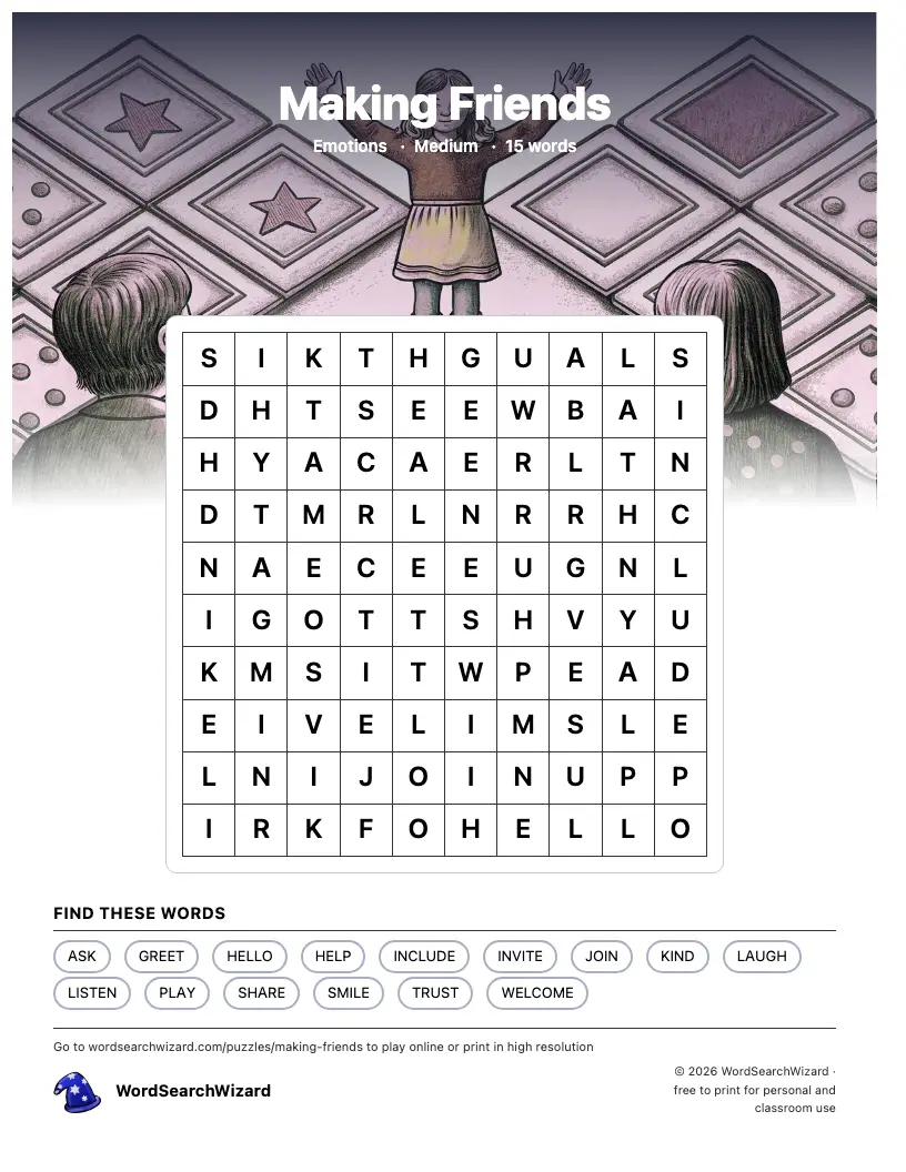 Making Friends word search printable sheet, 15 words to find
