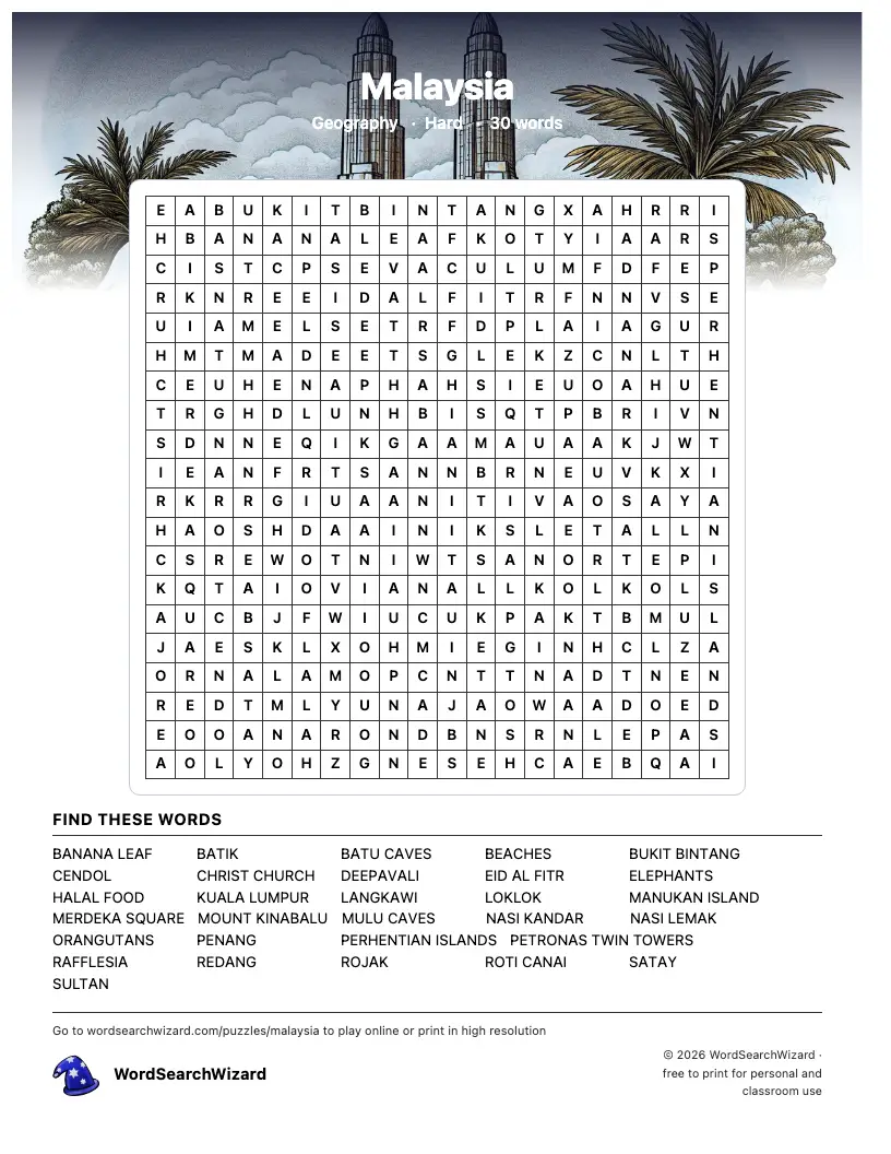 Malaysia word search printable sheet, 30 words to find