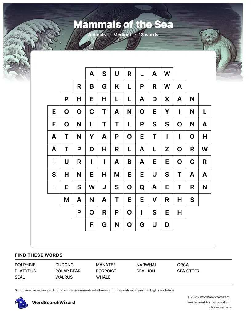 Mammals of the Sea word search printable sheet, 13 words to find