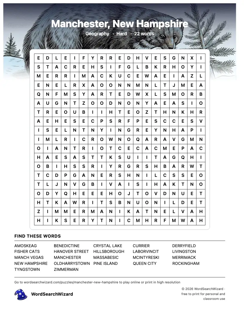 Manchester, New Hampshire word search printable sheet, 22 words to find