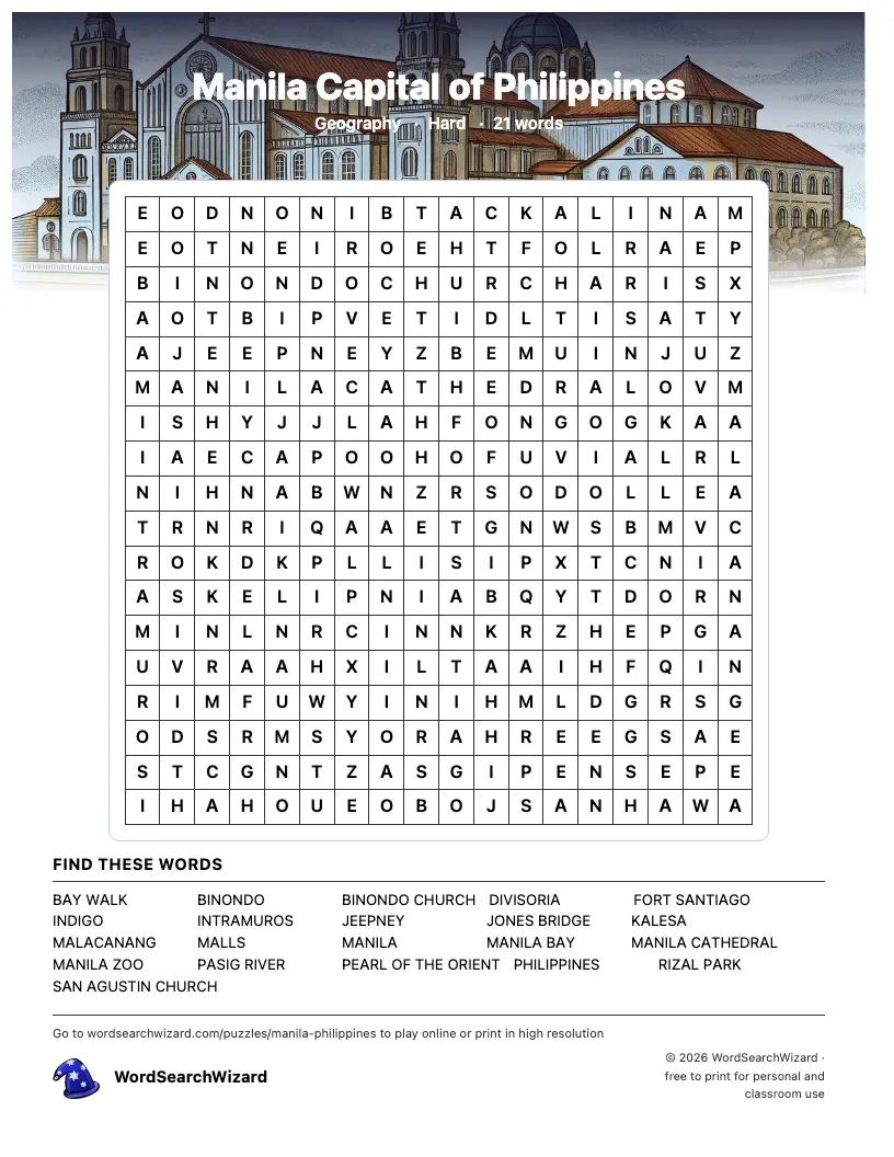 Manila Capital of Philippines word search printable sheet, 21 words to find