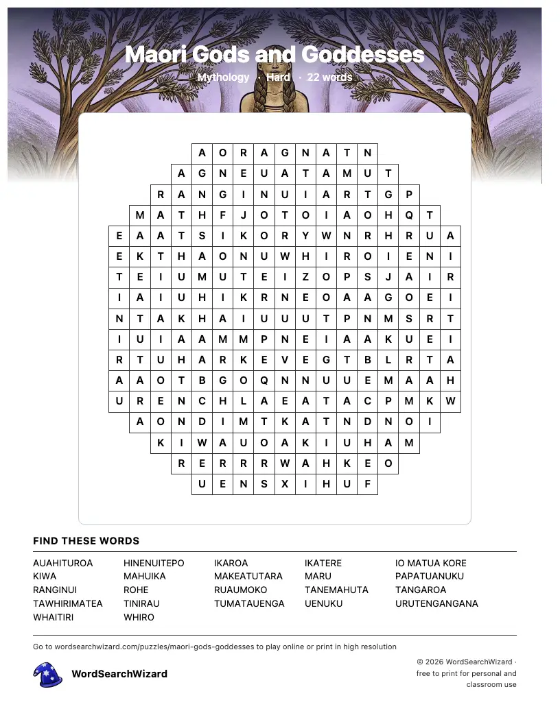 Maori Gods and Goddesses word search printable sheet, 22 words to find