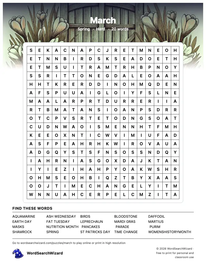 March word search printable sheet, 20 words to find