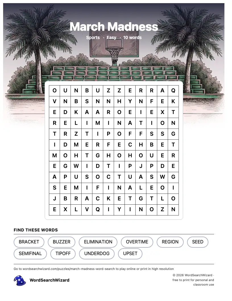 March Madness word search printable sheet, 10 words to find