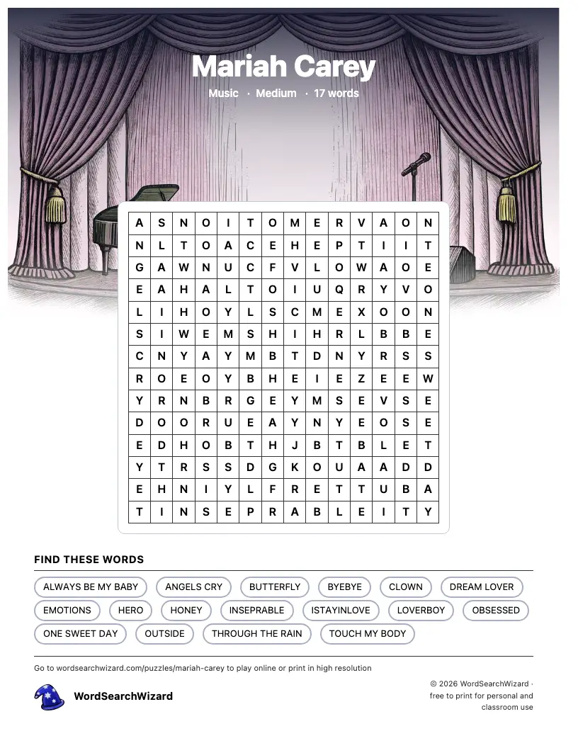 Mariah Carey word search printable sheet, 17 words to find