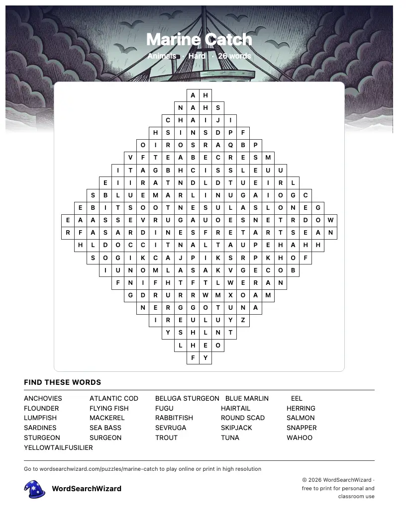 Marine Catch word search printable sheet, 26 words to find
