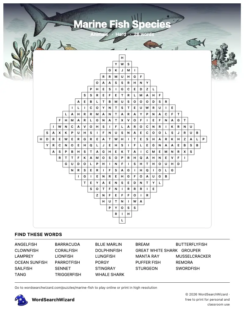 Marine Fish Species word search printable sheet, 28 words to find