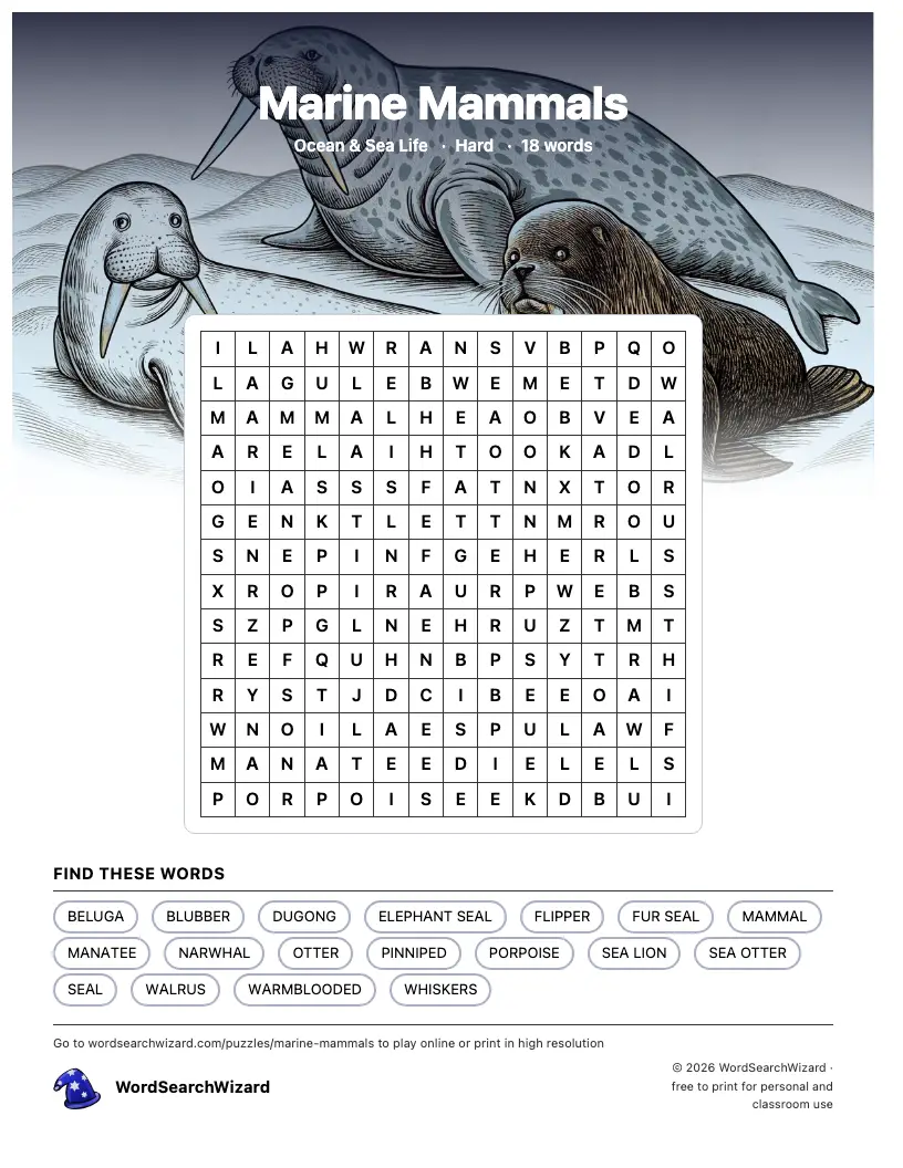 Marine Mammals word search printable sheet, 18 words to find