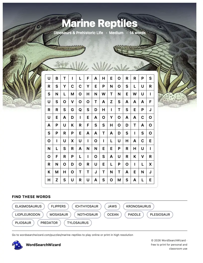 Marine Reptiles word search printable sheet, 14 words to find