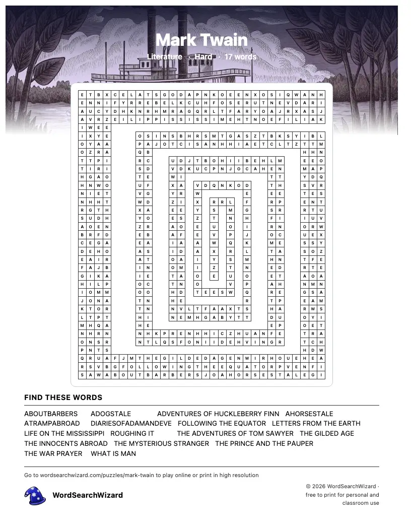 Mark Twain word search printable sheet, 17 words to find