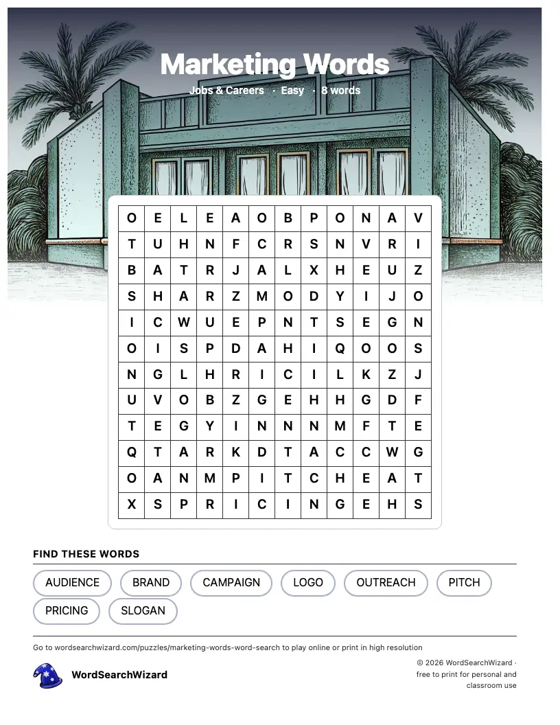 Marketing Words word search printable sheet, 8 words to find