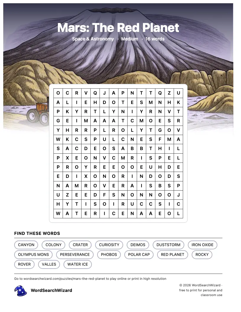 Mars: The Red Planet word search printable sheet, 16 words to find