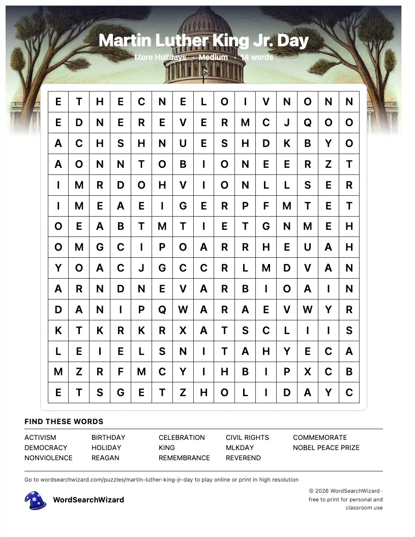 Martin Luther King Jr. Day word search printable sheet, 14 words to find