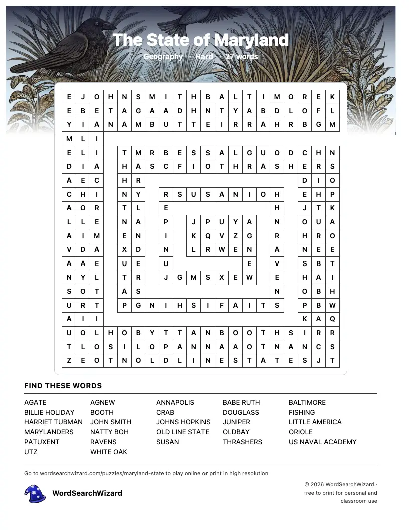 The State of Maryland word search printable sheet, 27 words to find