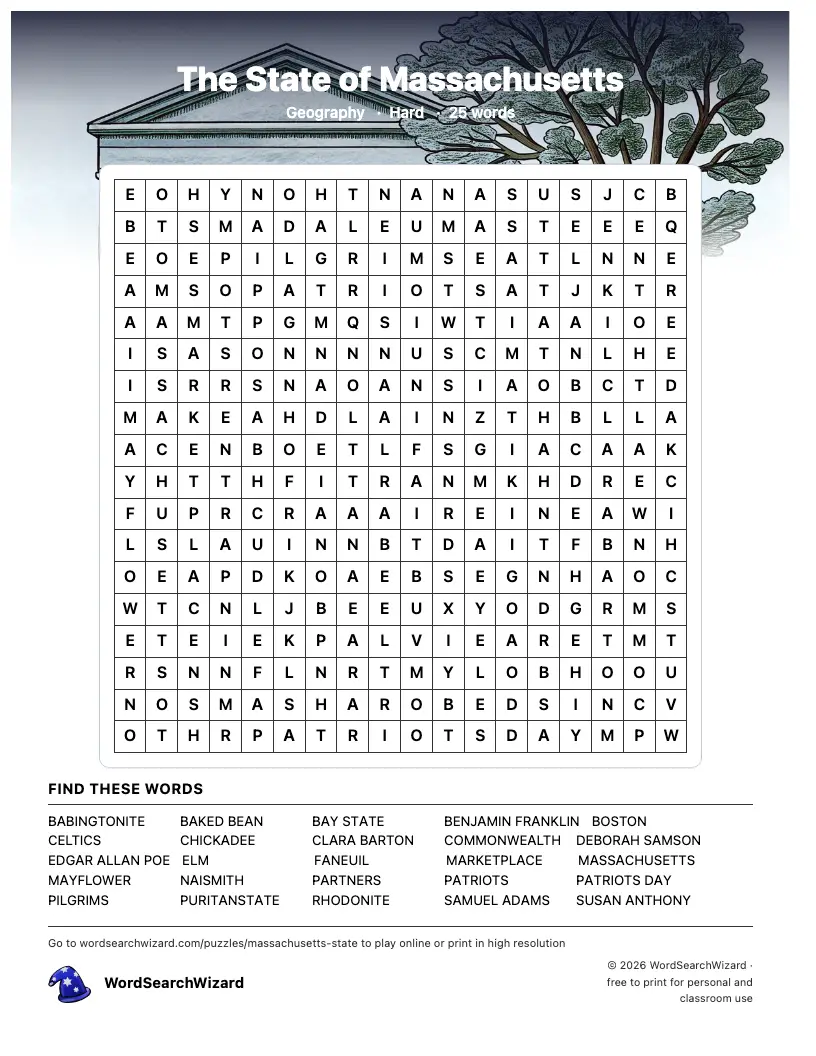The State of Massachusetts word search printable sheet, 25 words to find