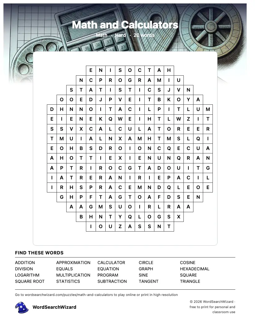 Math and Calculators word search printable sheet, 20 words to find