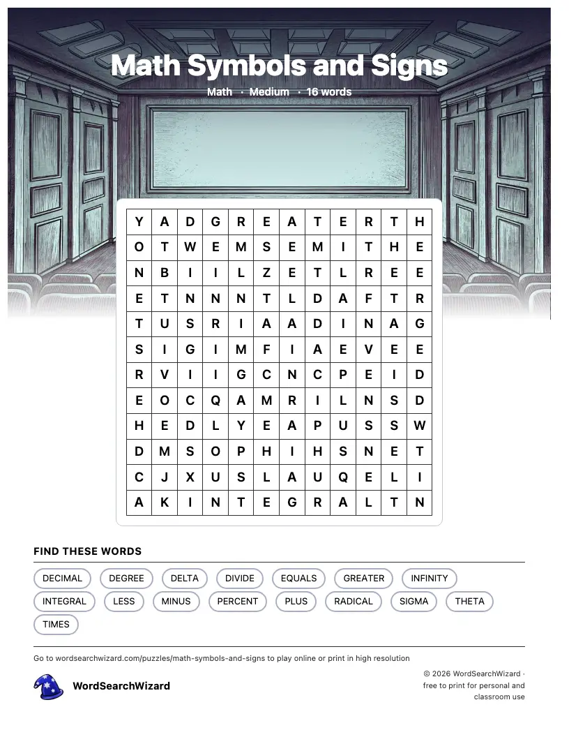 Math Symbols and Signs word search printable sheet, 16 words to find