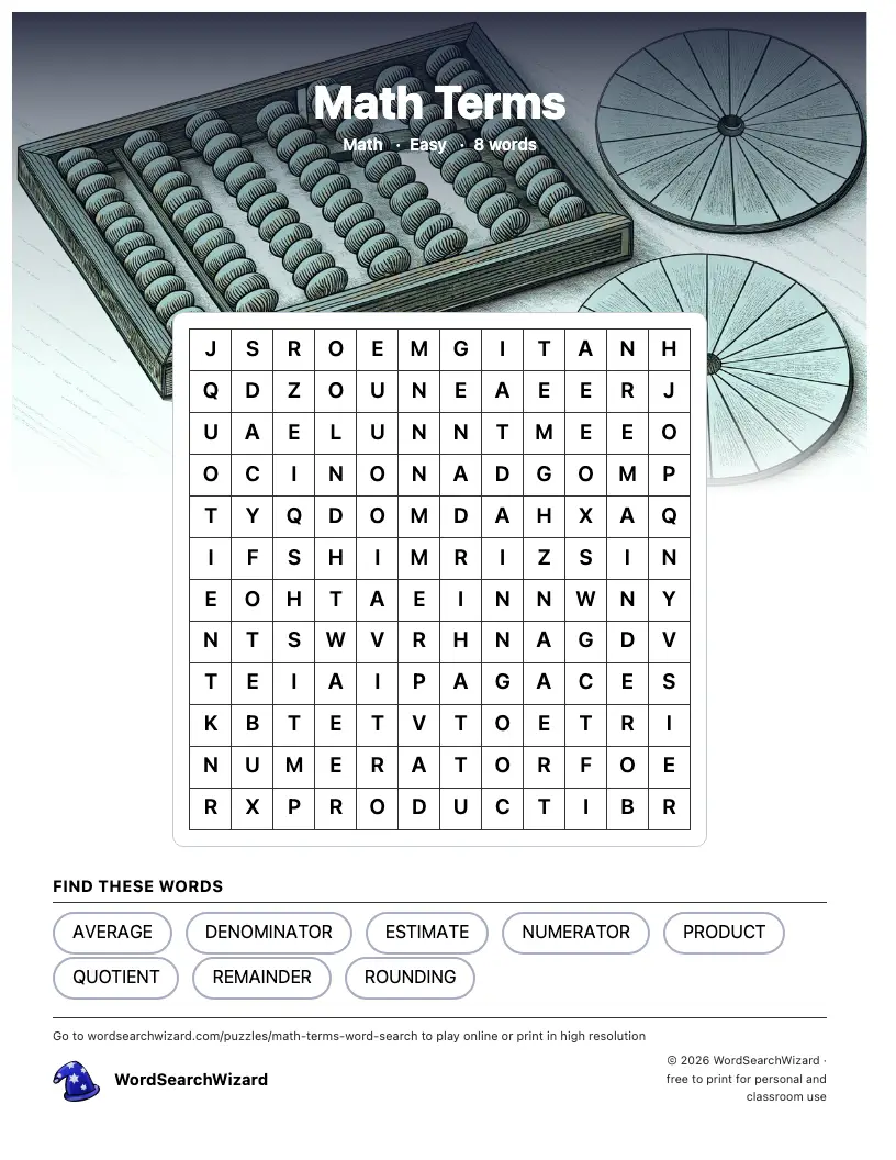 Math Terms word search printable sheet, 8 words to find