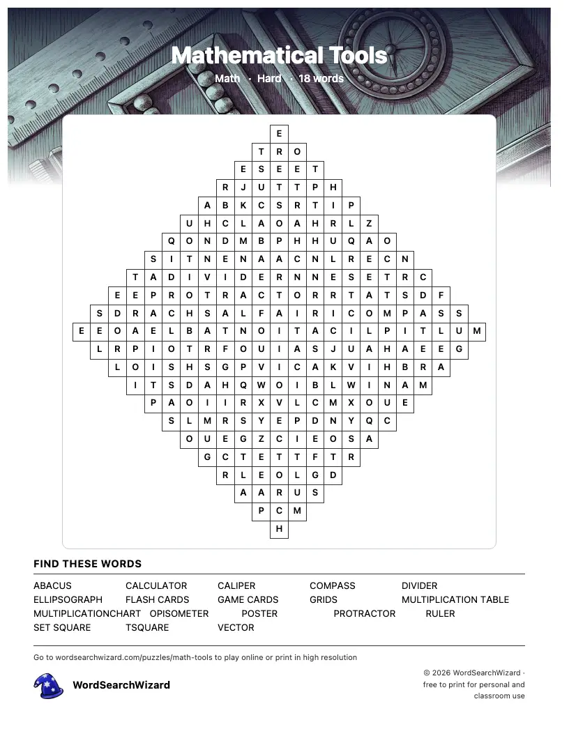 Mathematical Tools word search printable sheet, 18 words to find