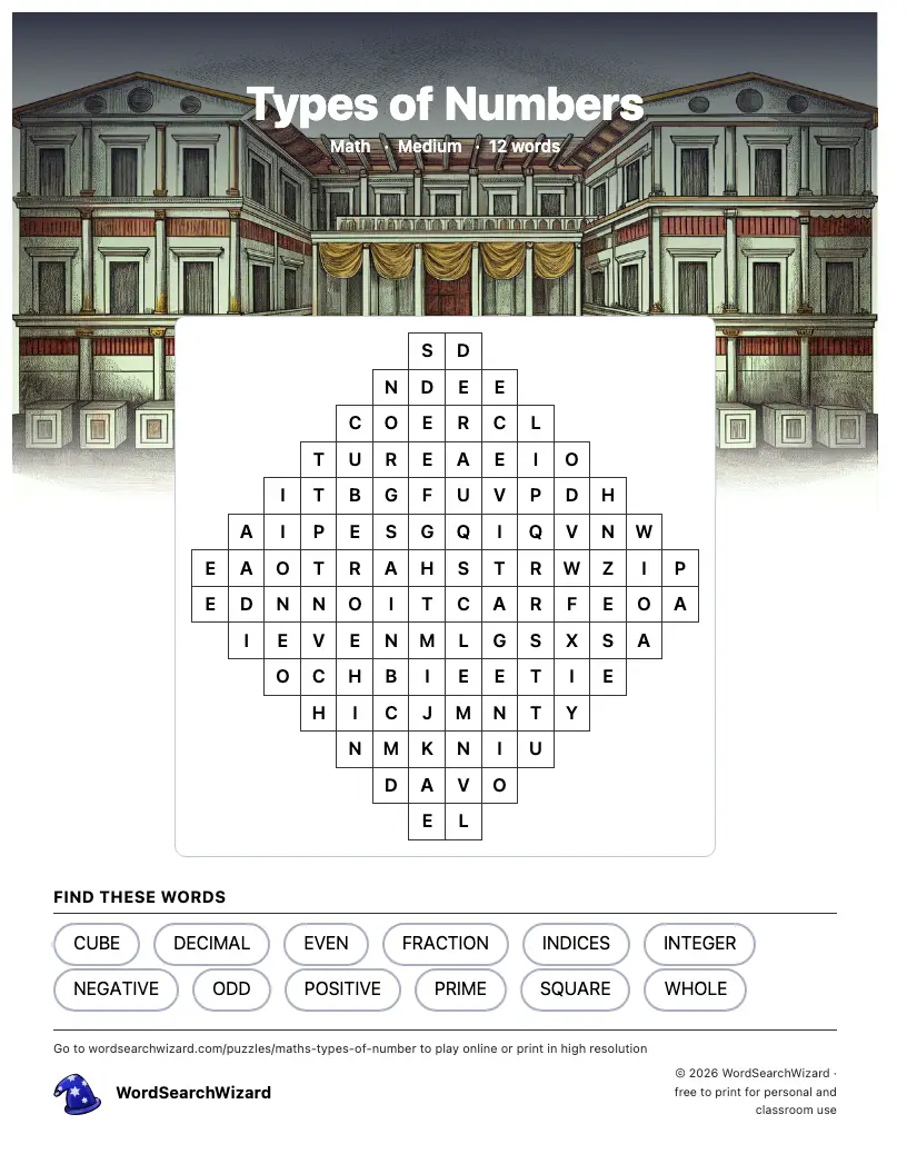 Types of Numbers word search printable sheet, 12 words to find