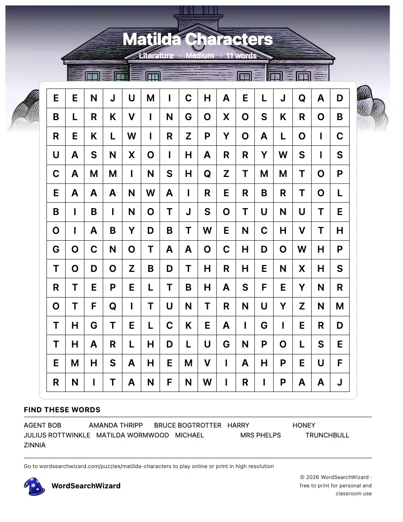 Matilda Characters word search printable sheet, 11 words to find