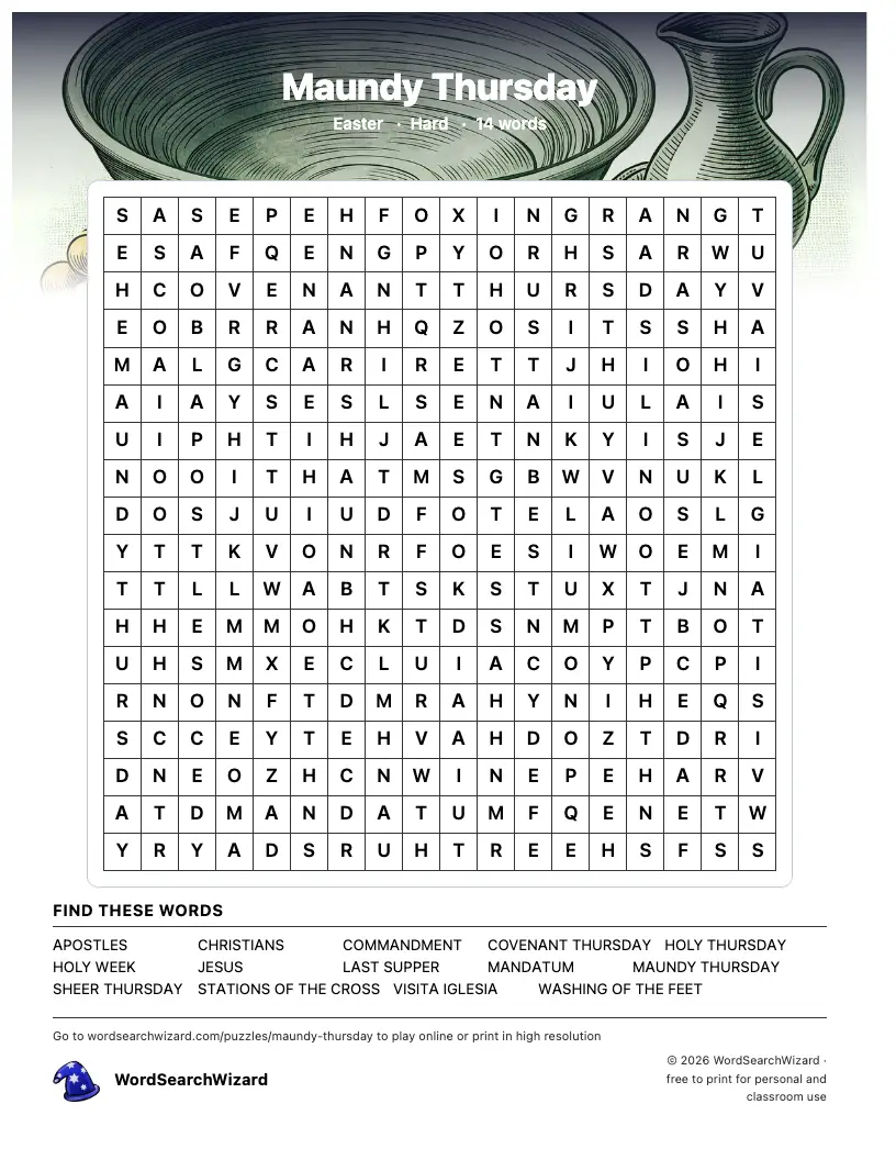 Maundy Thursday word search printable sheet, 14 words to find