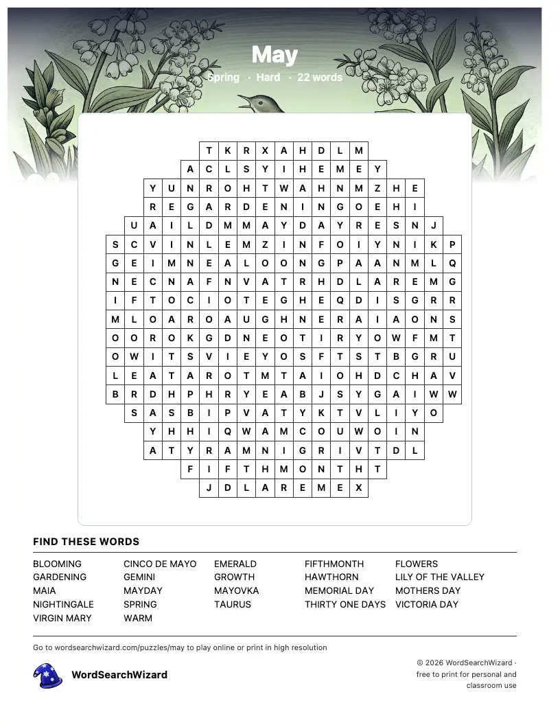 May word search printable sheet, 22 words to find