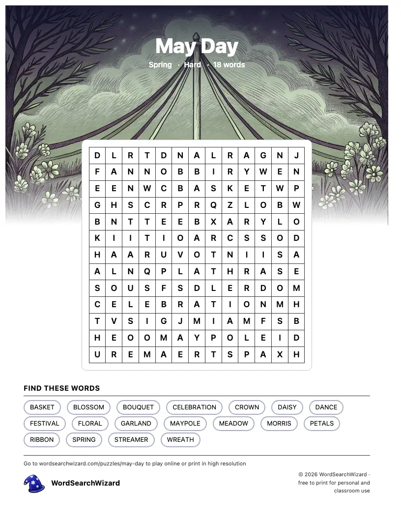 May Day word search printable sheet, 18 words to find