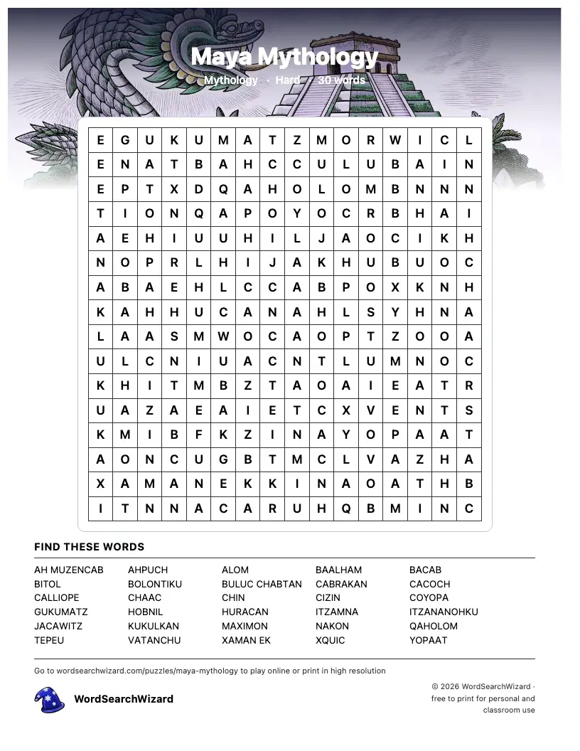 Maya Mythology word search printable sheet, 30 words to find