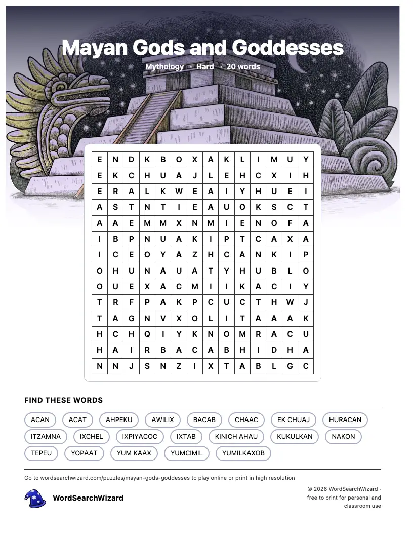 Mayan Gods and Goddesses word search printable sheet, 20 words to find