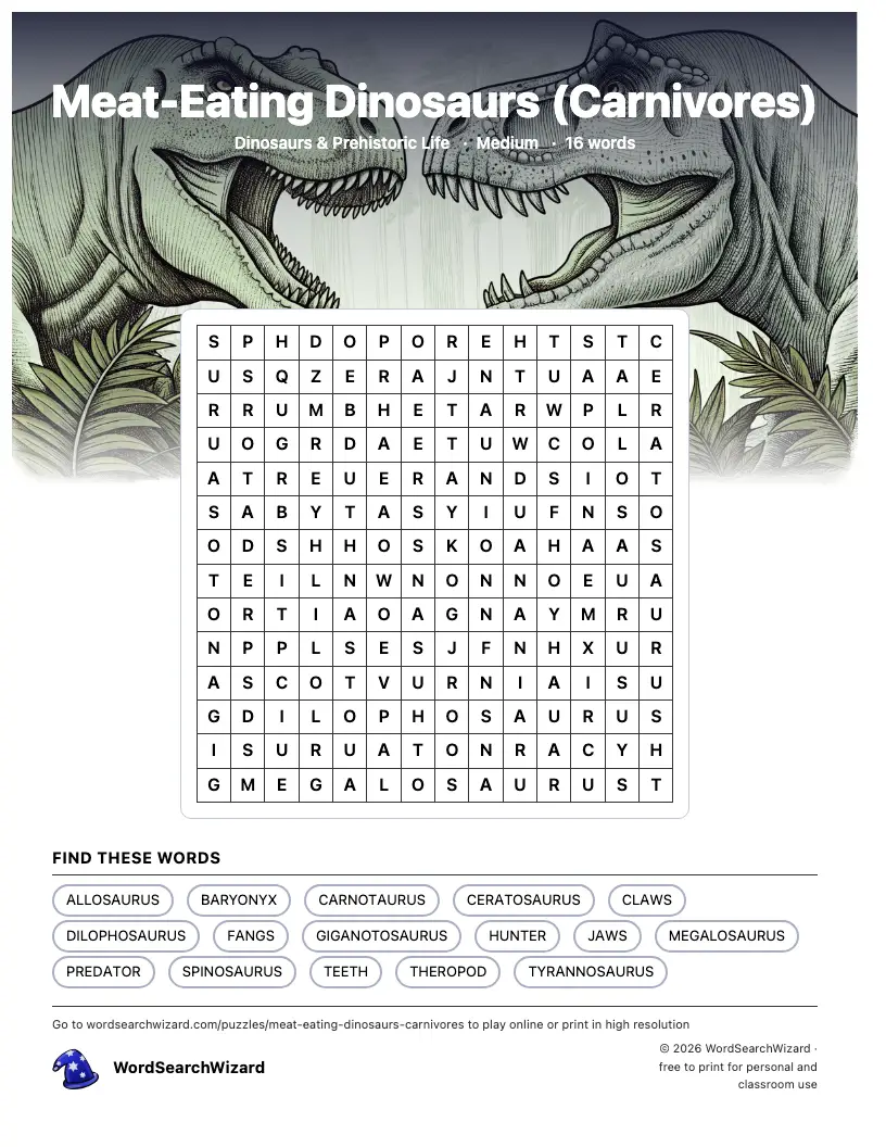 Meat-Eating Dinosaurs (Carnivores) word search printable sheet, 16 words to find