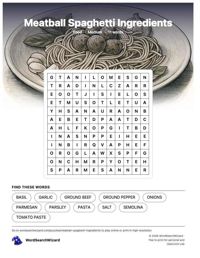 Meatball Spaghetti Ingredients word search printable sheet, 11 words to find