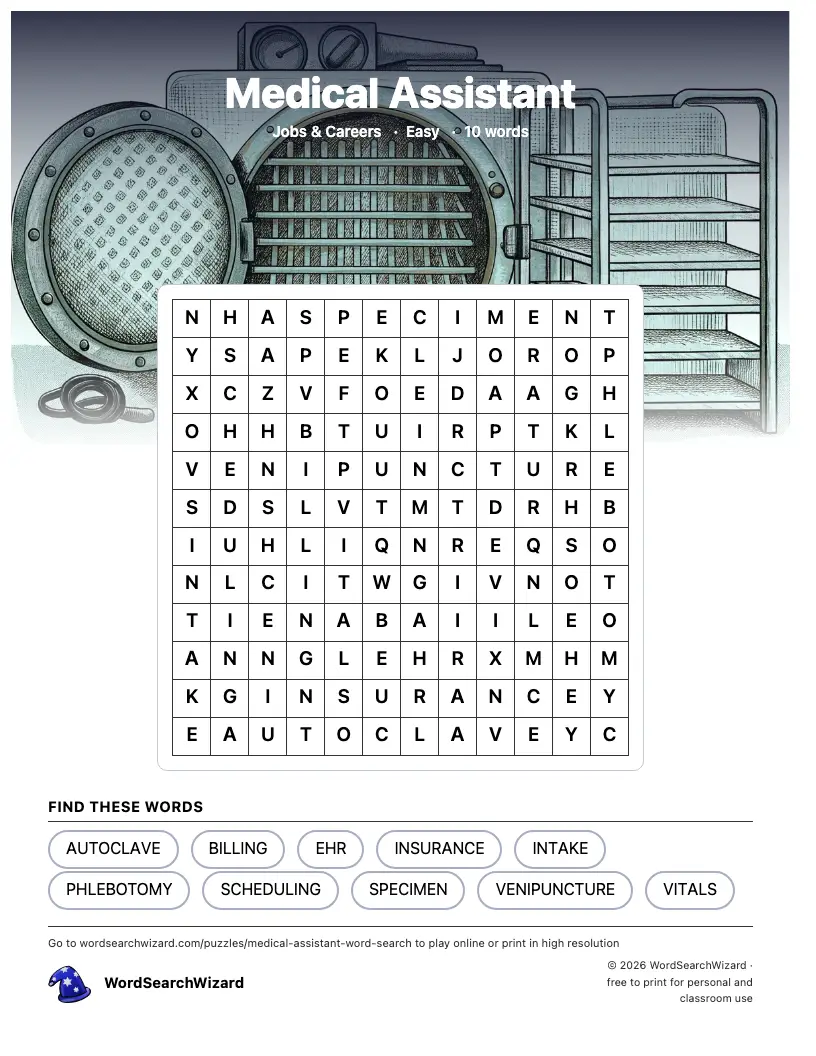 Medical Assistant word search printable sheet, 10 words to find
