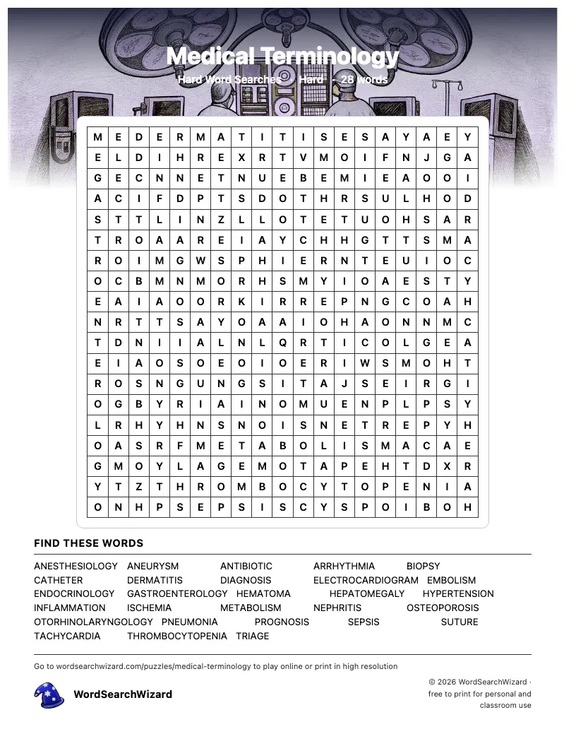 Medical Terminology word search printable sheet, 28 words to find