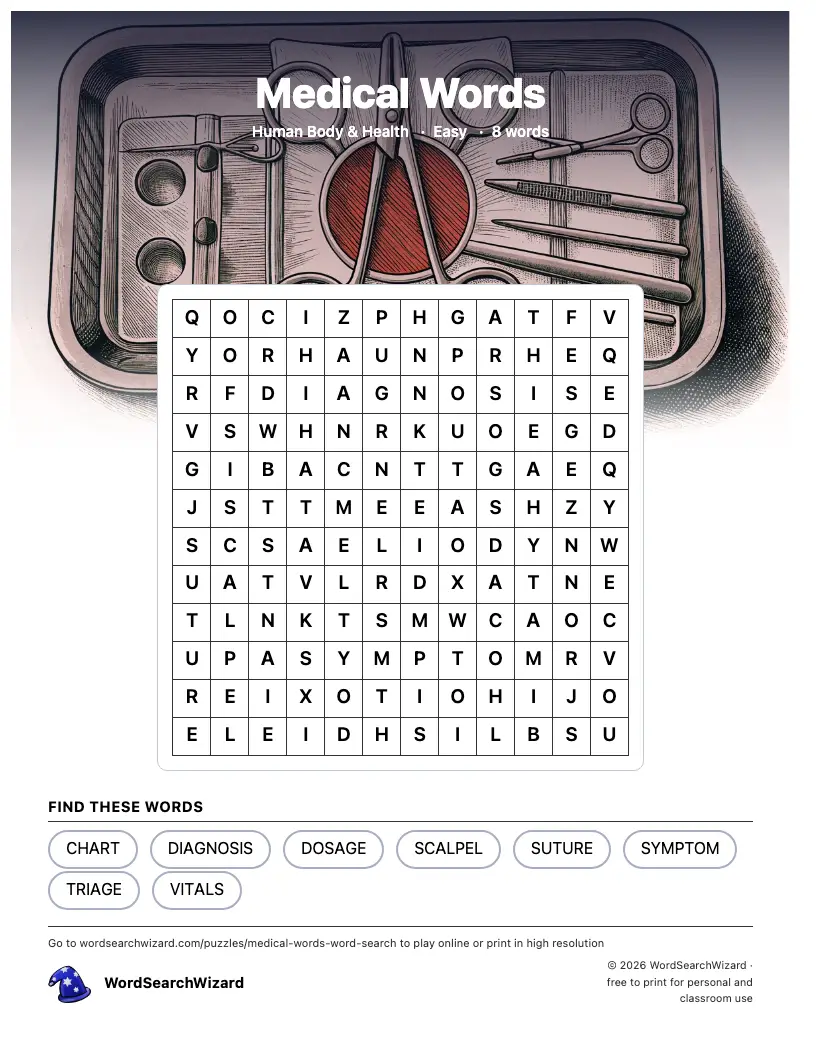 Medical Words word search printable sheet, 8 words to find