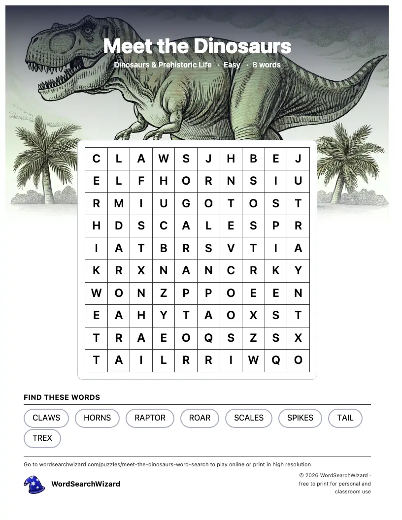 Meet the Dinosaurs word search printable sheet, 8 words to find