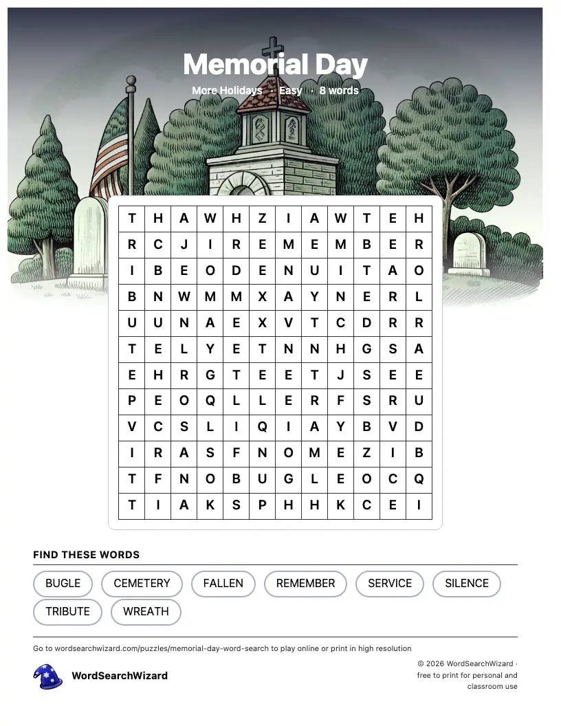 Memorial Day word search printable sheet, 8 words to find