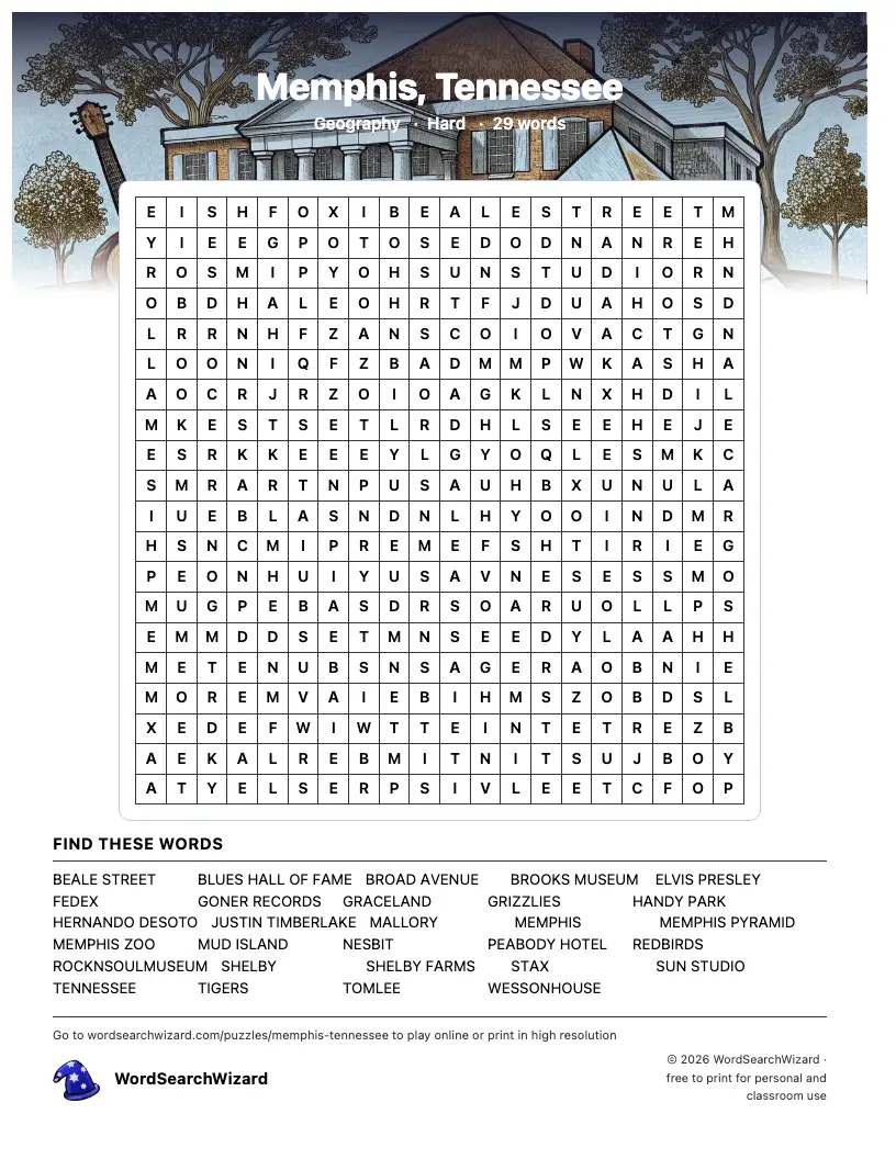 Memphis, Tennessee word search printable sheet, 29 words to find