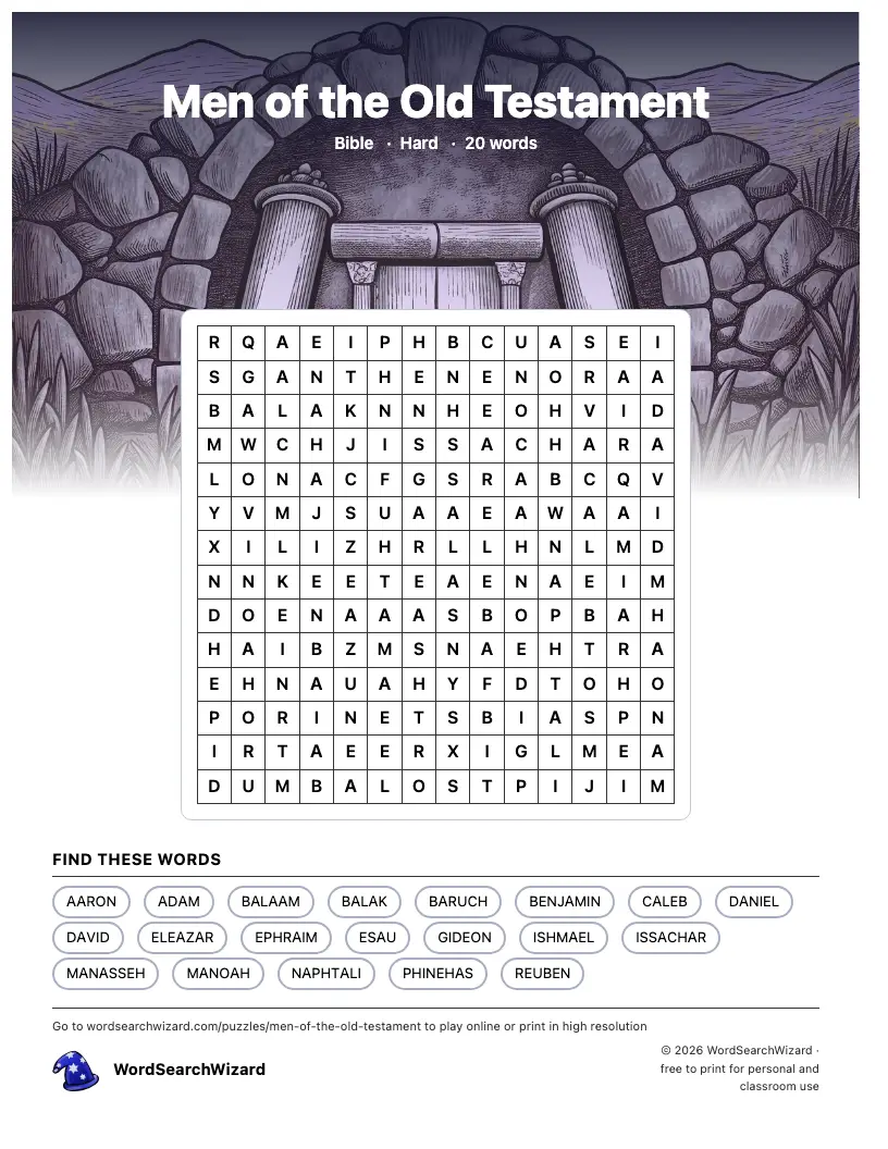 Men of the Old Testament word search printable sheet, 20 words to find