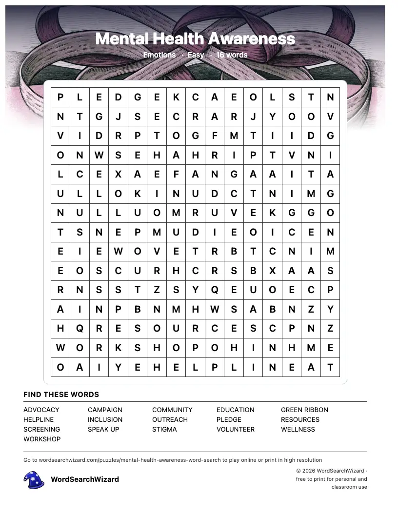 Mental Health Awareness word search printable sheet, 16 words to find