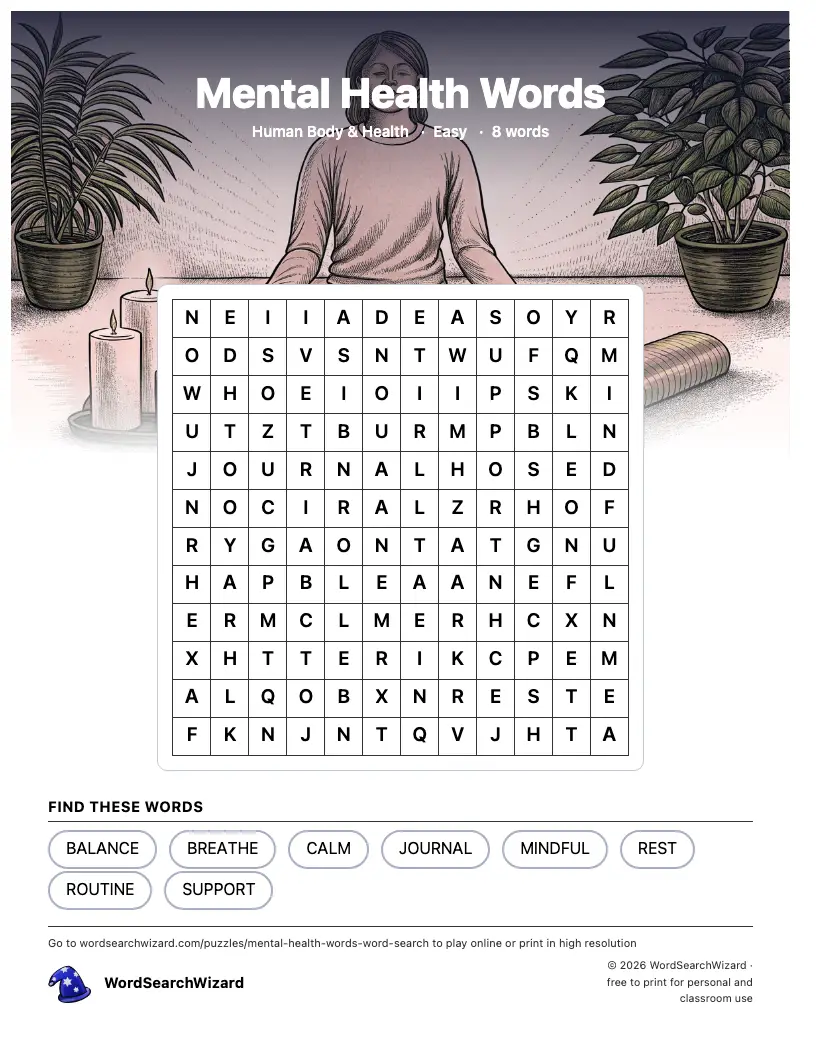 Mental Health Words word search printable sheet, 8 words to find