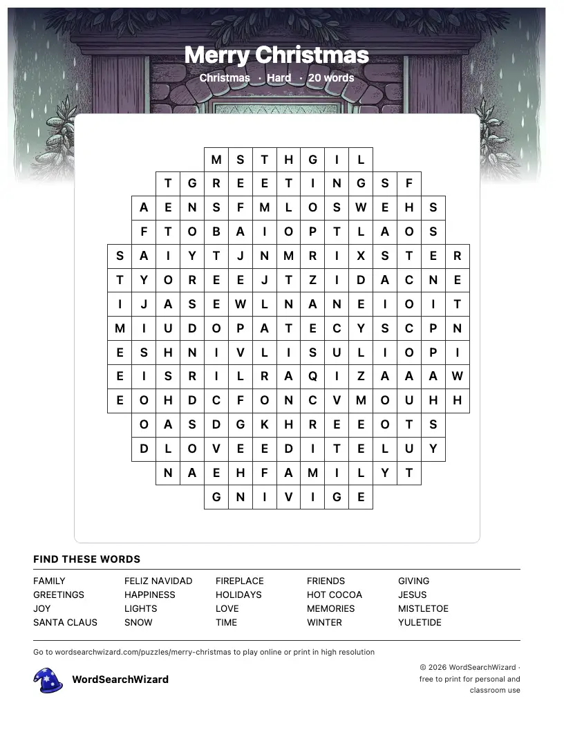 Merry Christmas word search printable sheet, 20 words to find