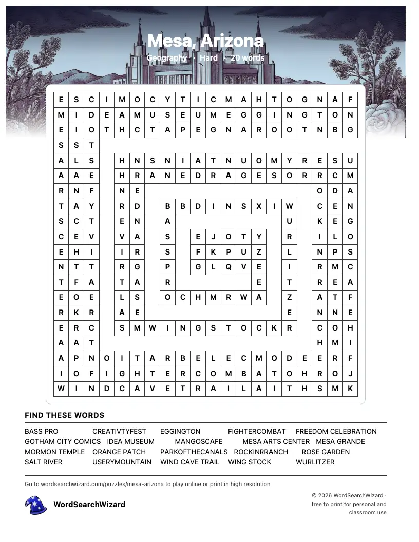 Mesa, Arizona word search printable sheet, 20 words to find