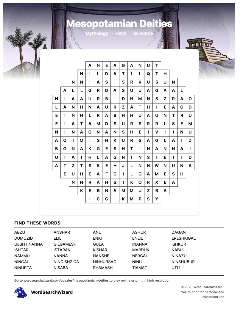 Mesopotamian Deities word search printable sheet, 35 words to find