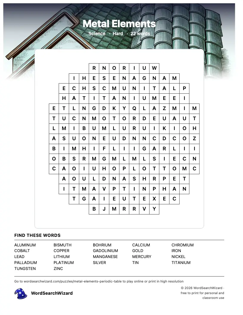 Metal Elements word search printable sheet, 22 words to find