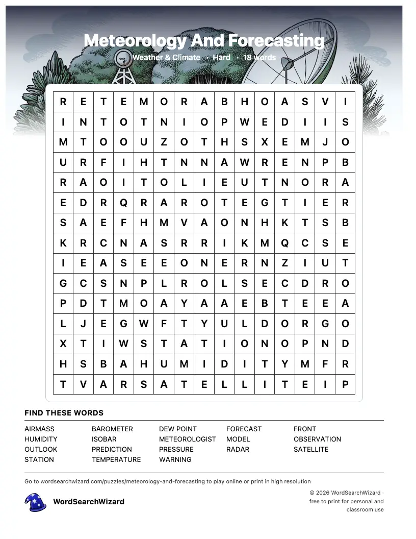 Meteorology And Forecasting word search printable sheet, 18 words to find
