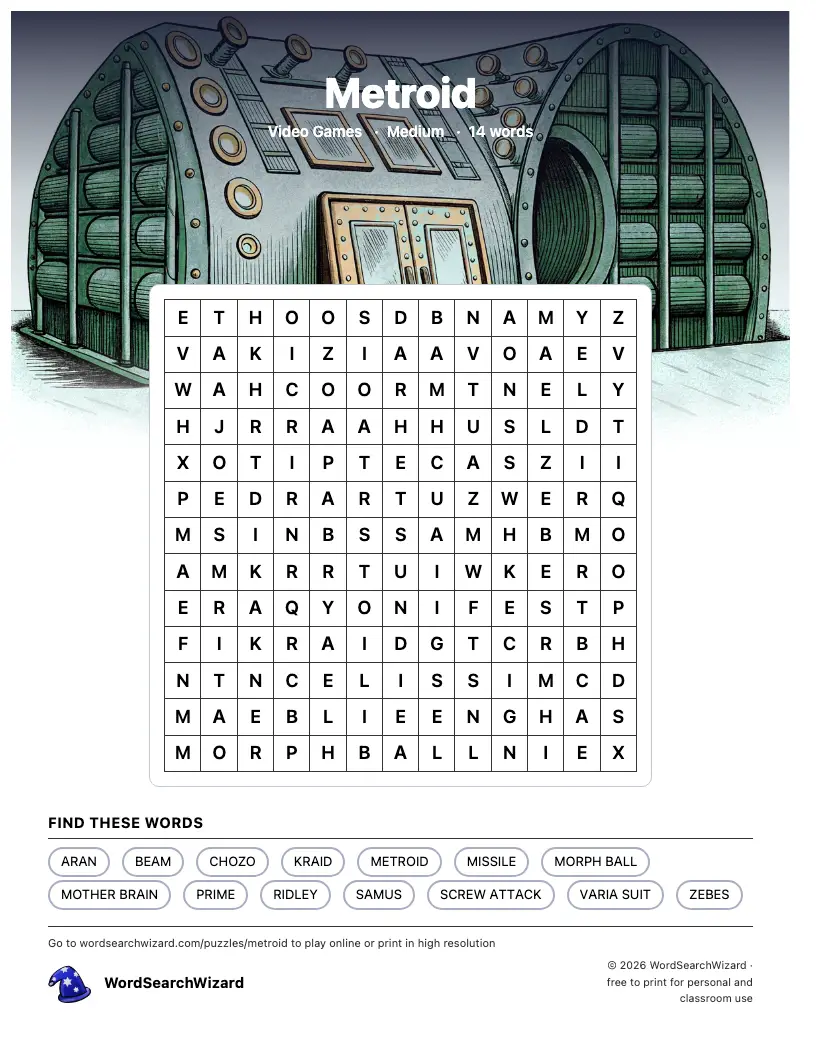 Metroid word search printable sheet, 14 words to find