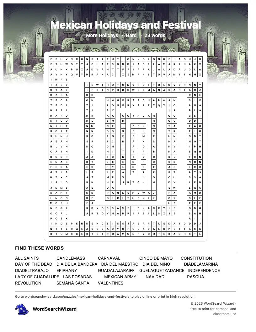 Mexican Holidays and Festival word search printable sheet, 23 words to find