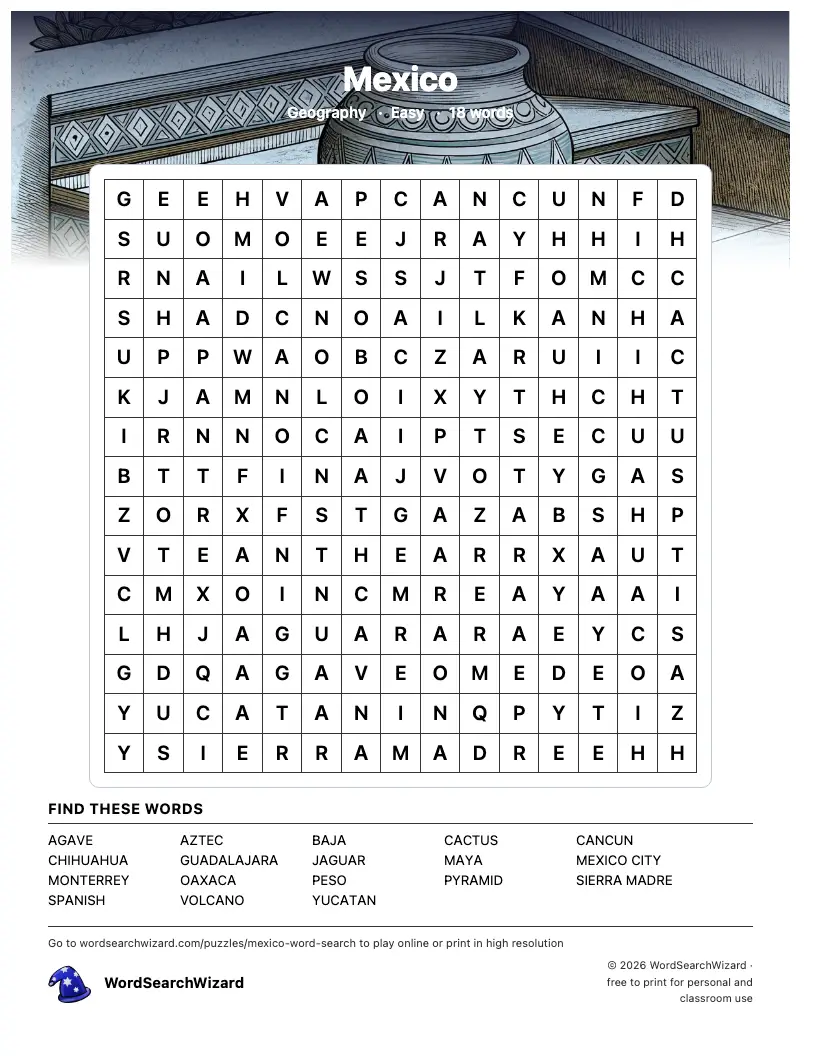 Mexico word search printable sheet, 18 words to find